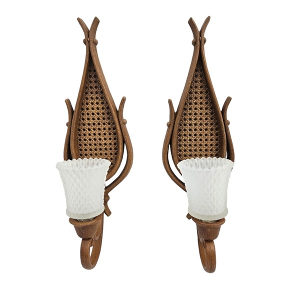 Homco Other - Vintage Homco Rattan Teardrop Candle Sconce Holders w Cups Wall Mount Boho